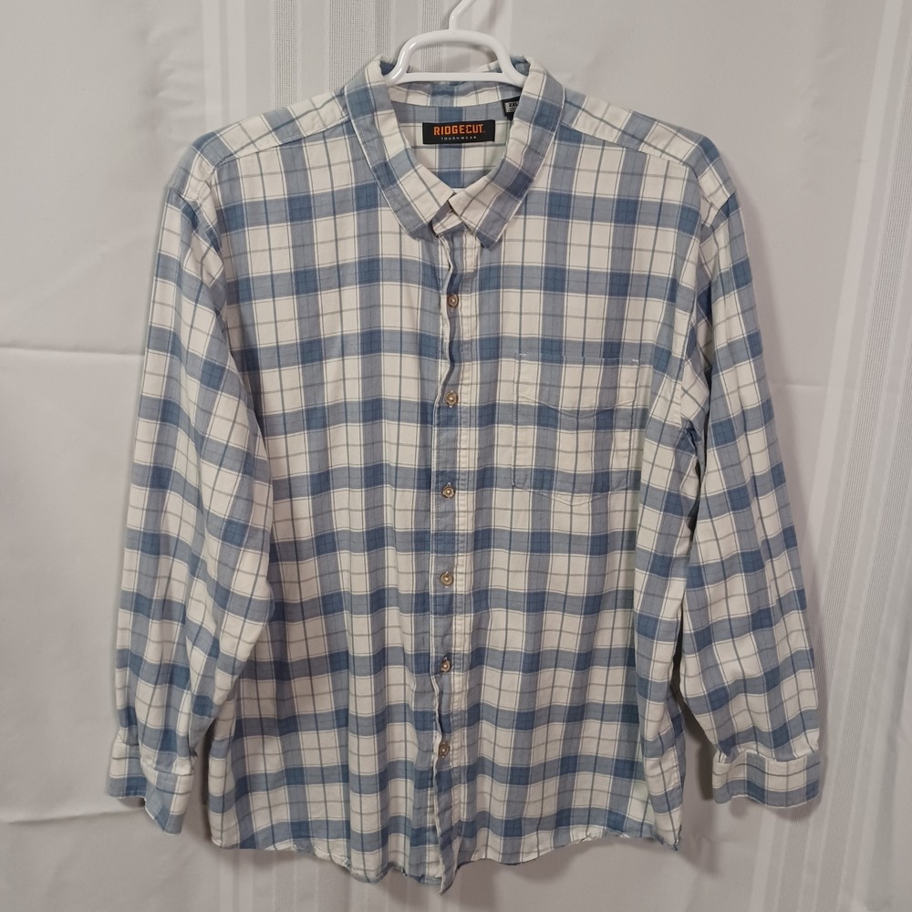 Ridgecut Toughwear Mens 2XL Blue White Plaid Button Down Shirt SMW24-2143 BUWT01
